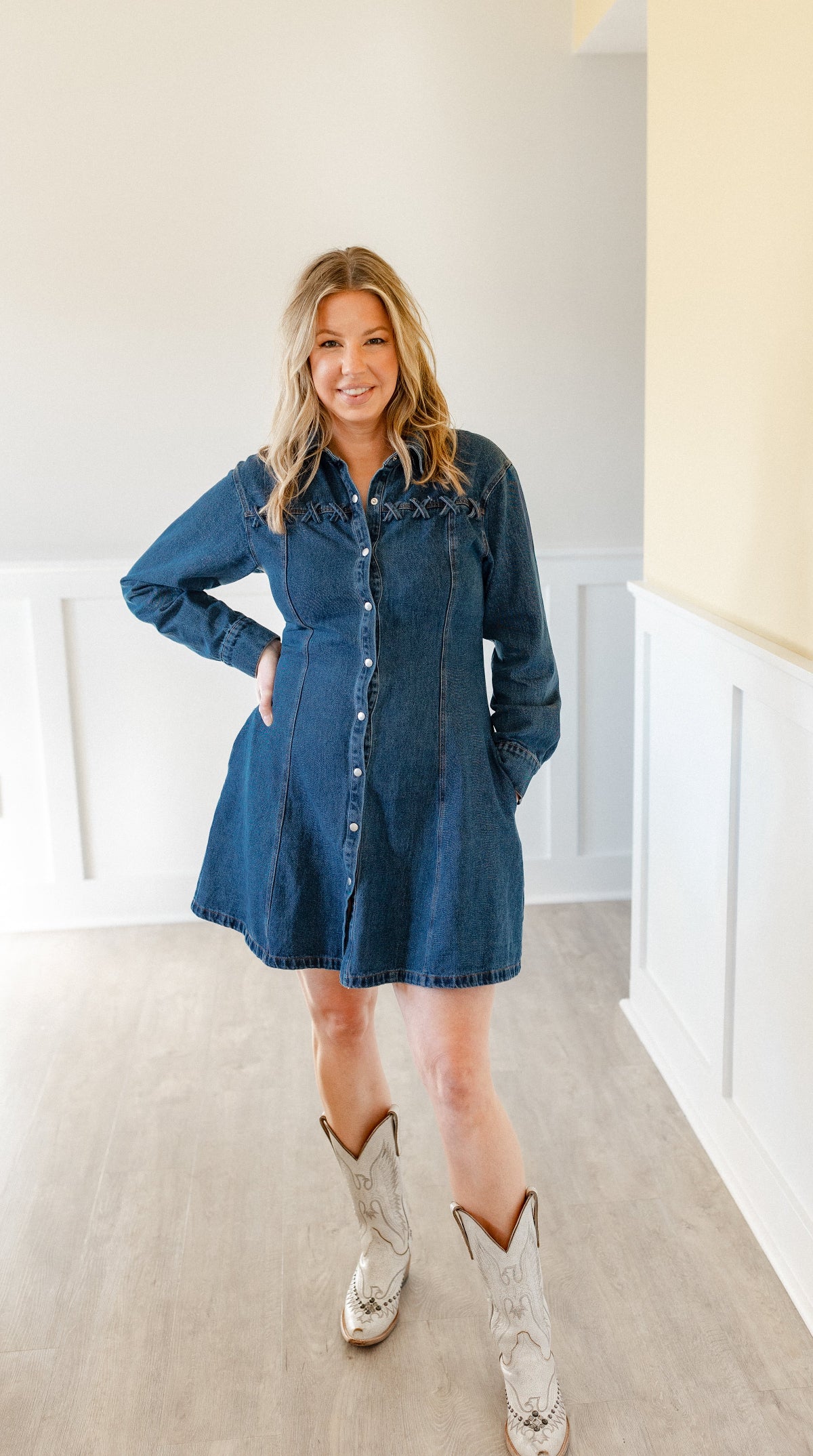 Long Sleeve Fit and Flare Denim Mini Dress