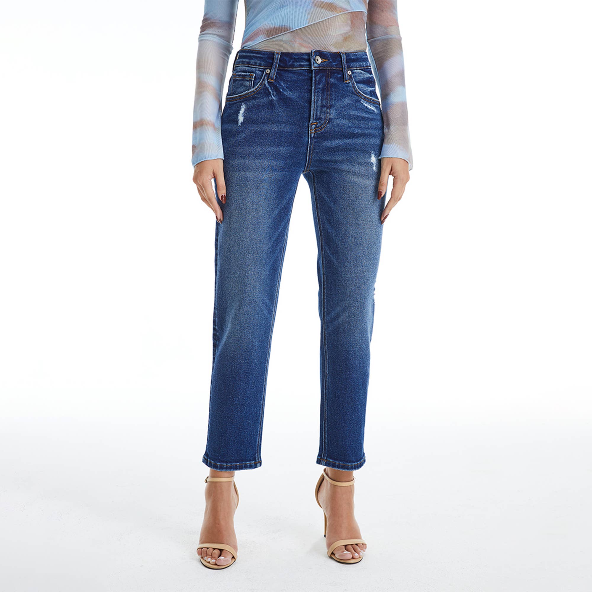 HIGH RISE MOM JEANS WITH FINISHED HEM-BLUEBELL WASH