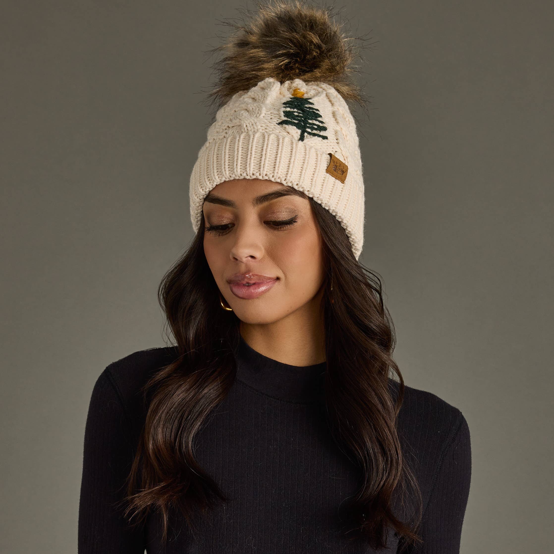 BEIGE KNIT POM HAT WITH EMBROIDERED TREE