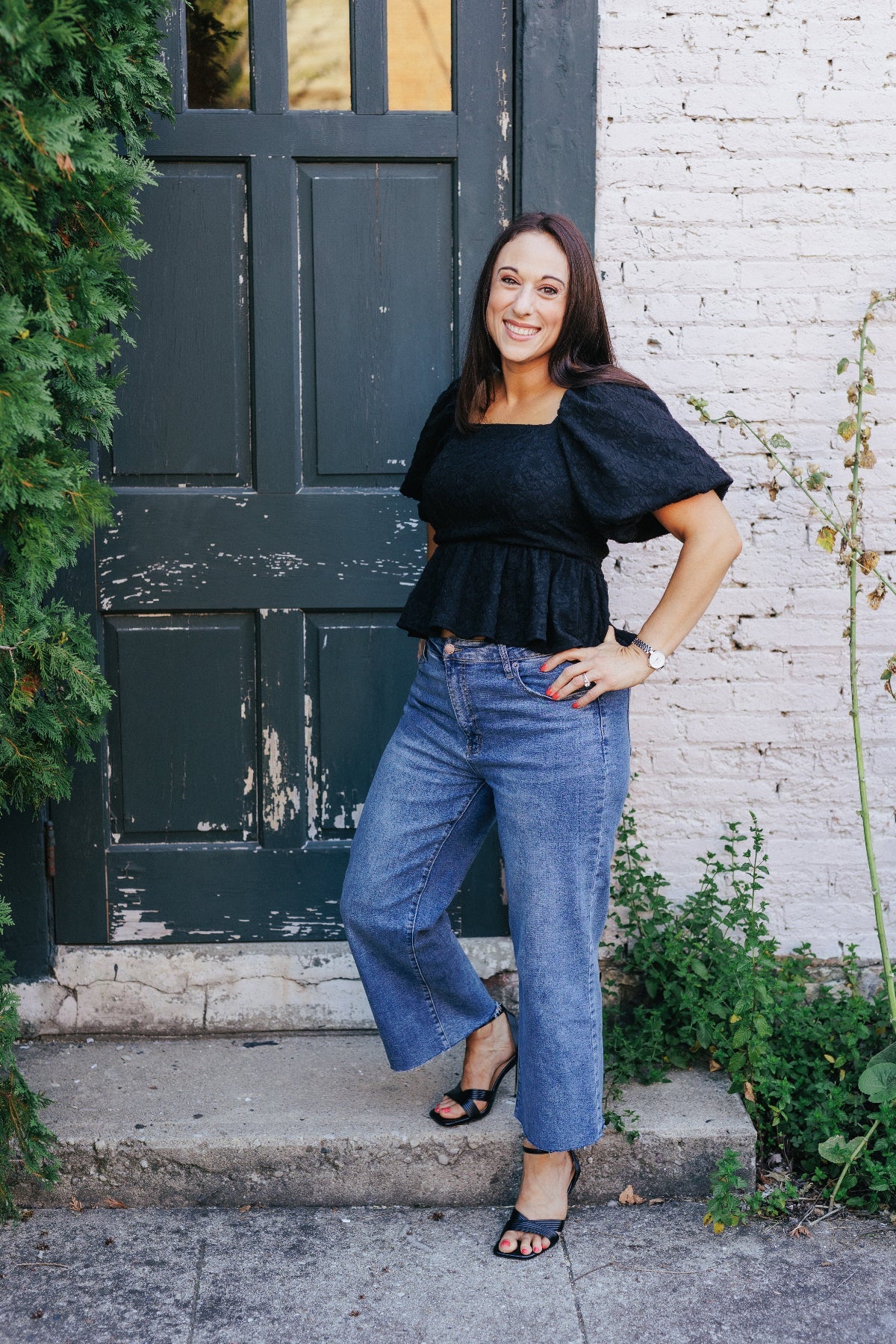 Black Balloon Sleeve Jacquard Top