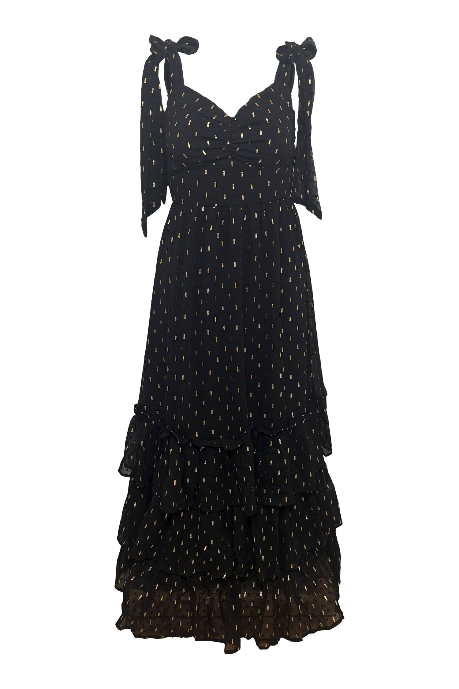 Black and Gold Dot Ruched Maxi Dress