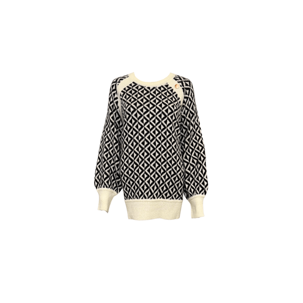 Crew Neck Geo Patterned Knitted Sweater - Taupe & Black - Clove & Ivy