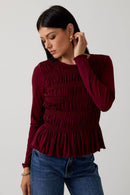 BURGANDY ROUND NECK LONG SLEEVE SMOCKED TOP - Clove & Ivy