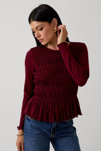 BURGANDY ROUND NECK LONG SLEEVE SMOCKED TOP - Clove & Ivy