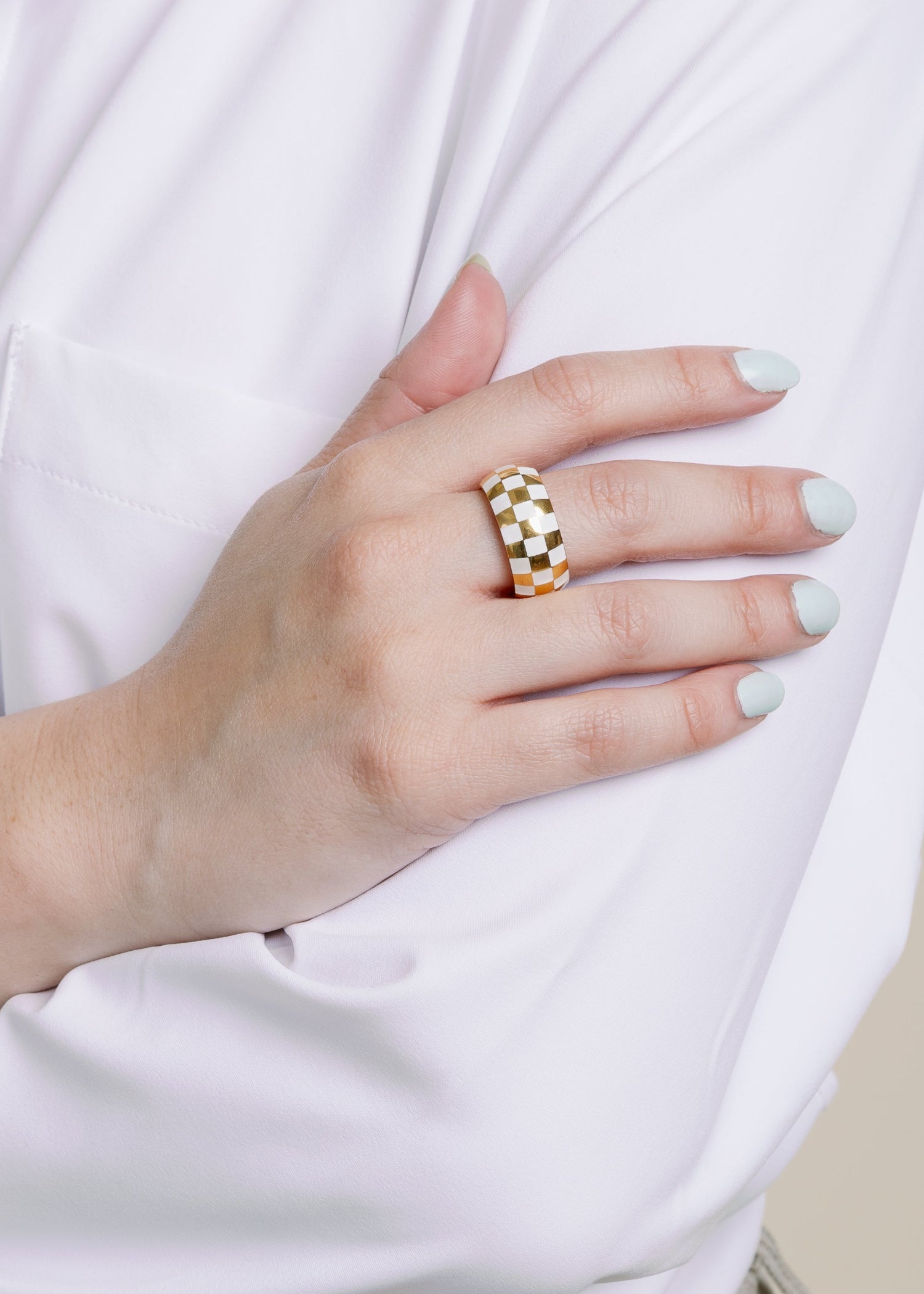 White and Gold Checkered Ring
