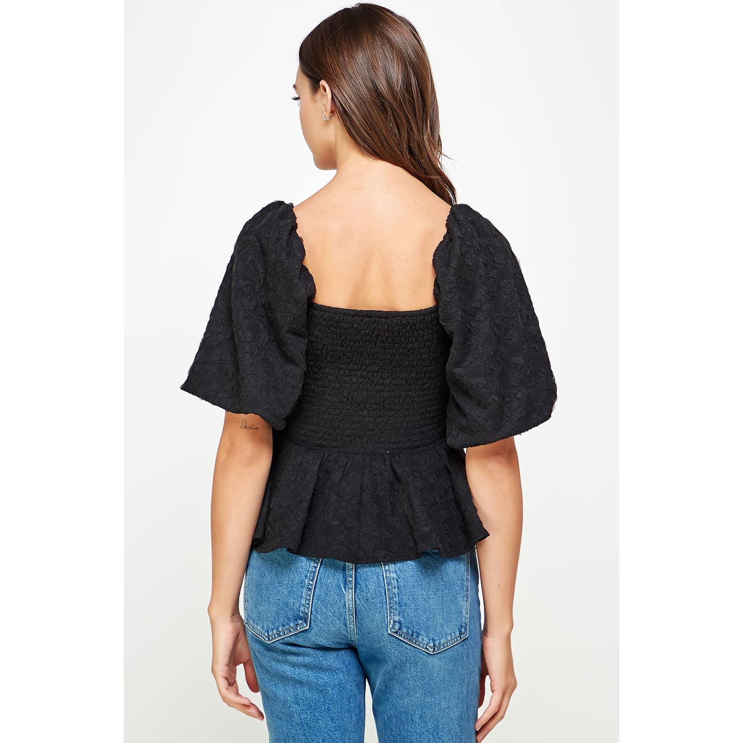 Black Balloon Sleeve Jacquard Top - Clove & Ivy