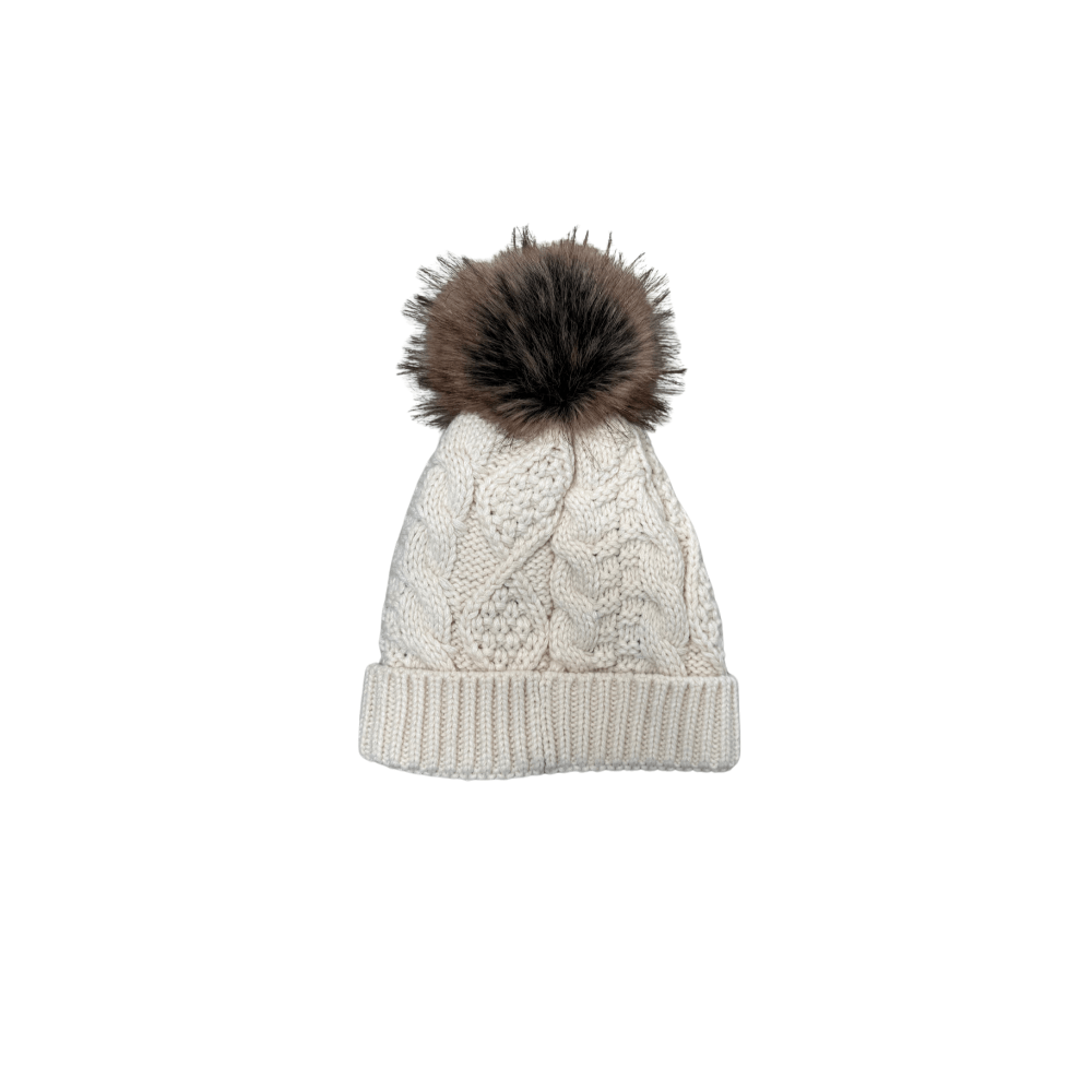 BEIGE KNIT POM HAT WITH EMBROIDERED TREE - Clove & Ivy