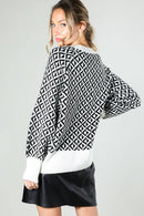 Crew Neck Geo Patterned Knitted Sweater - Taupe & Black - Clove & Ivy