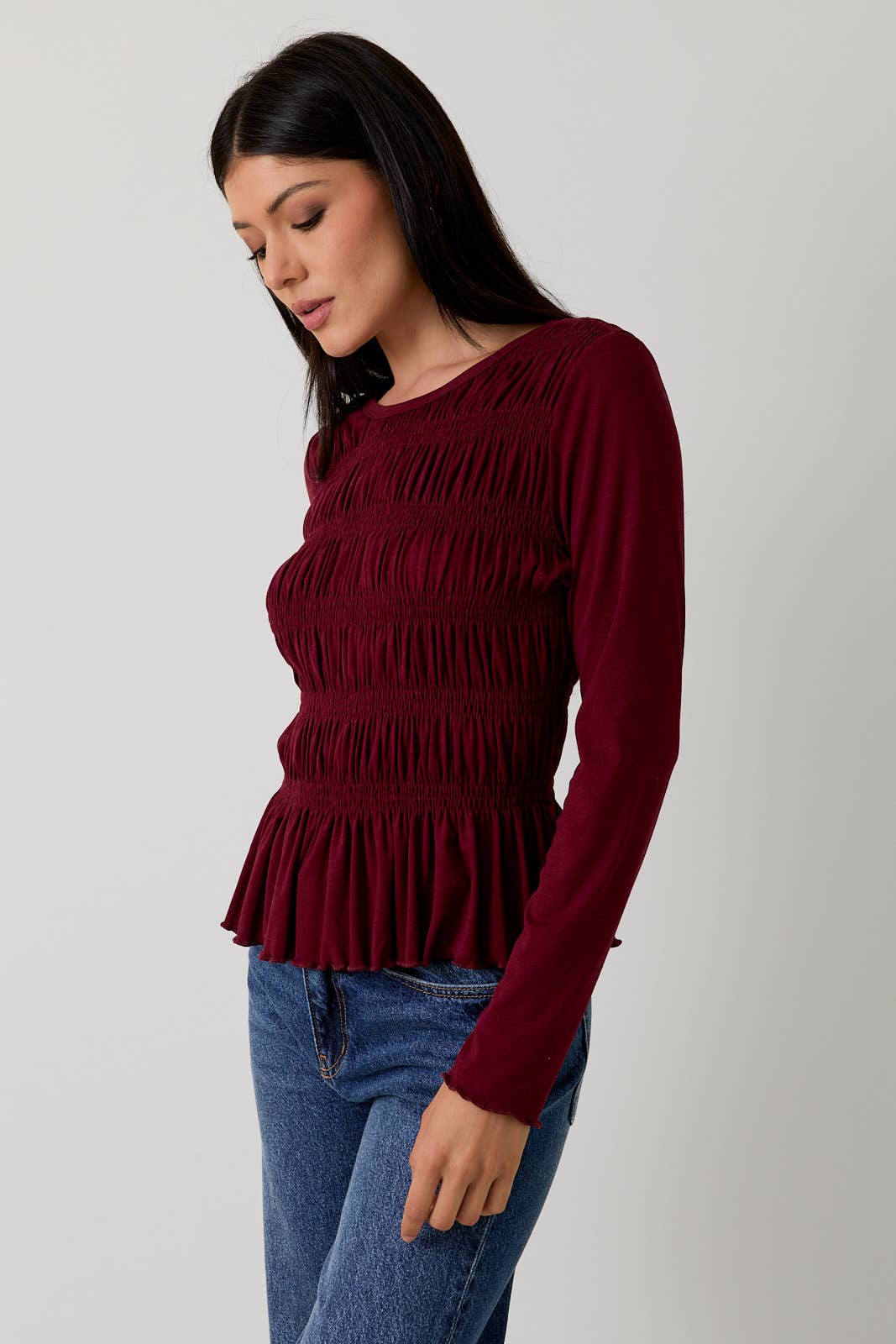 Burgundy Round Neck Long Sleeve Smocked Top