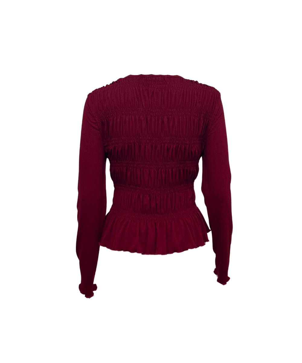 BURGANDY ROUND NECK LONG SLEEVE SMOCKED TOP - Clove & Ivy