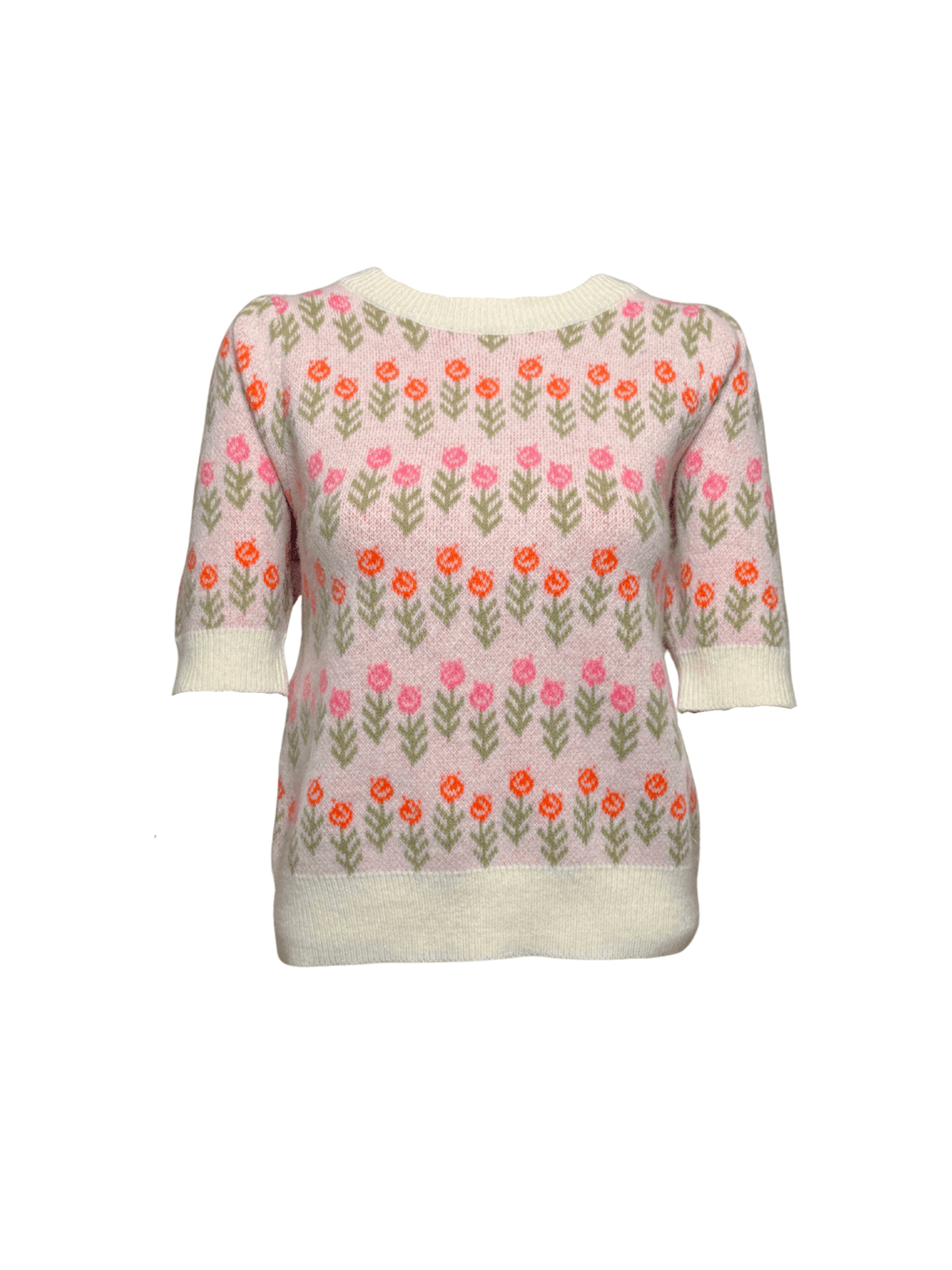 Ivory Short Sleeve Floral Knit Sweater