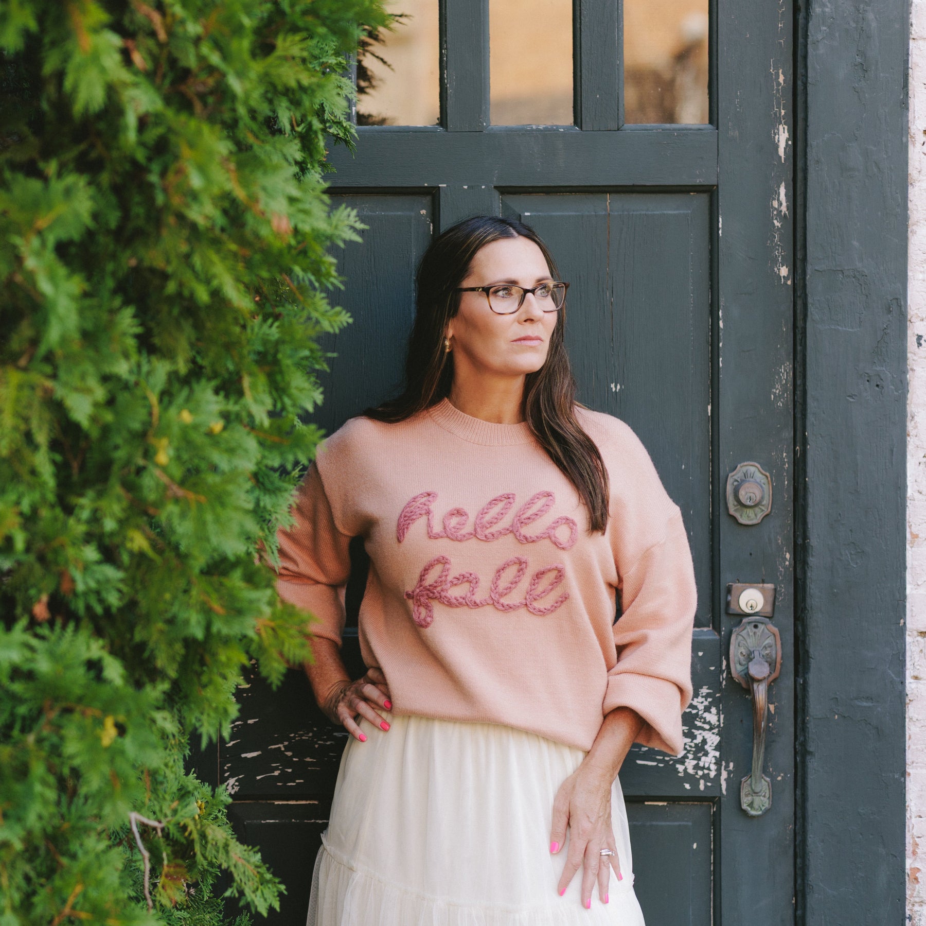 Cozy Embroidered Hello Fall Knit Crewneck Sweater