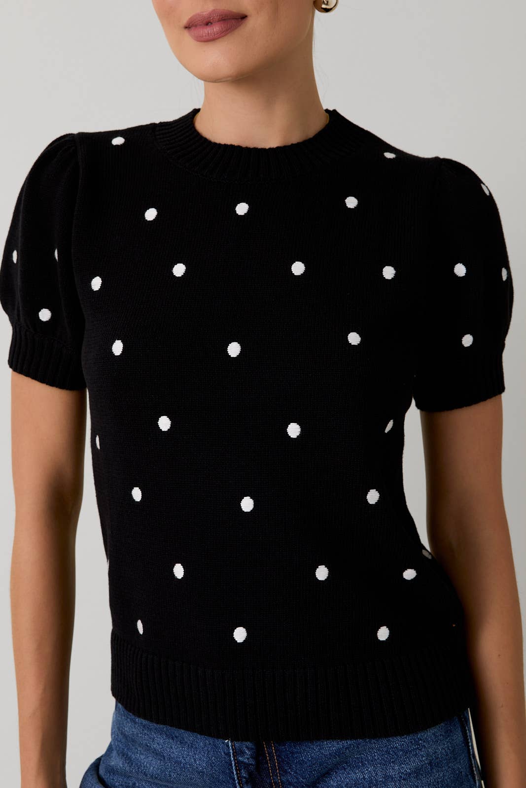 PUFF SHORT SLEEVE POLKA DOT SWEATER- PLUM, BLACK & HUNTER GREEN