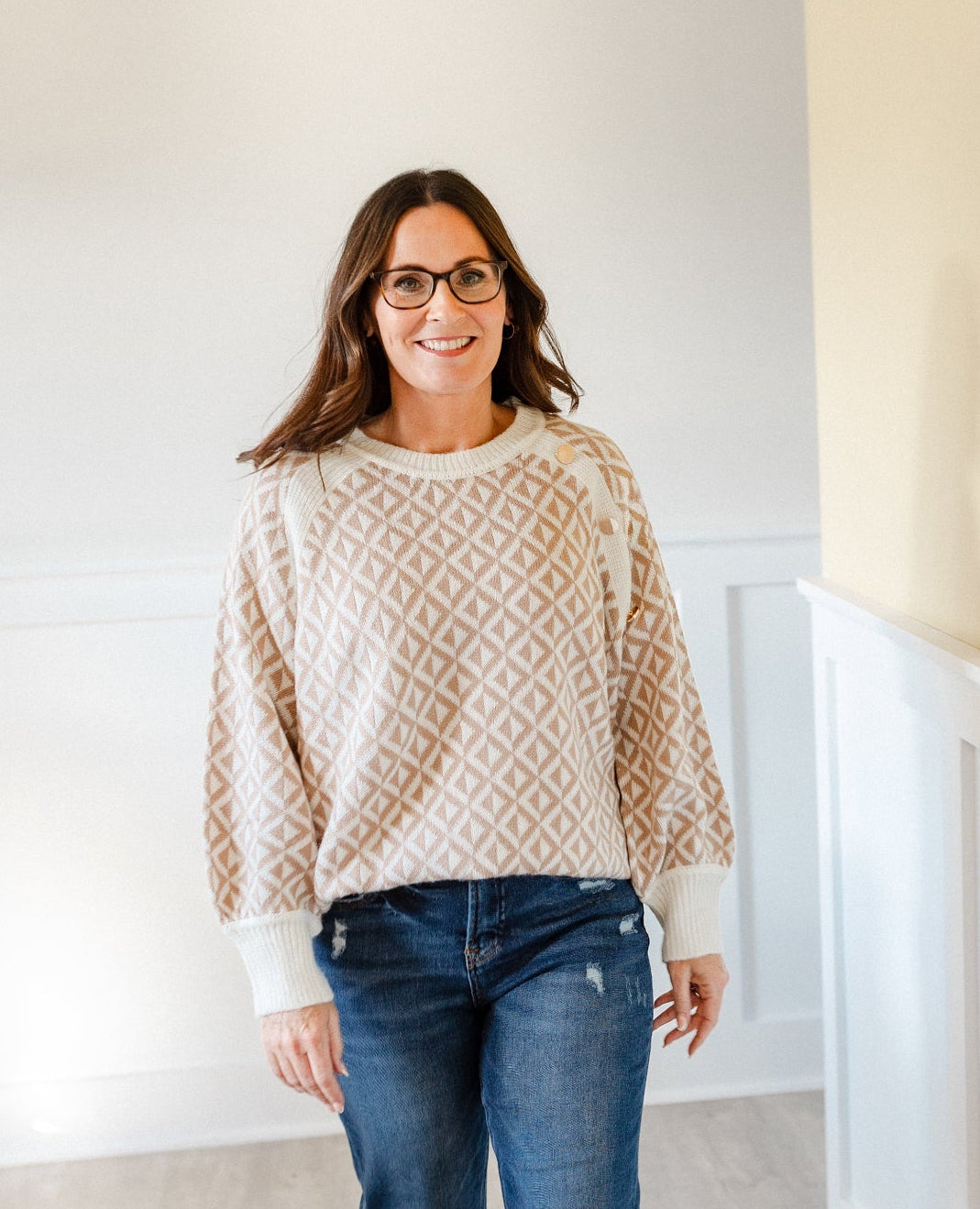 Crew Neck Geo Patterned Knitted Sweater- Taupe & Black