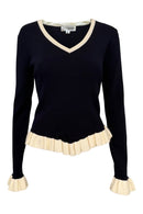 V - NECK LONG SLEEVE NAVY AND WHITE RIBBED TOP - Clove & Ivy