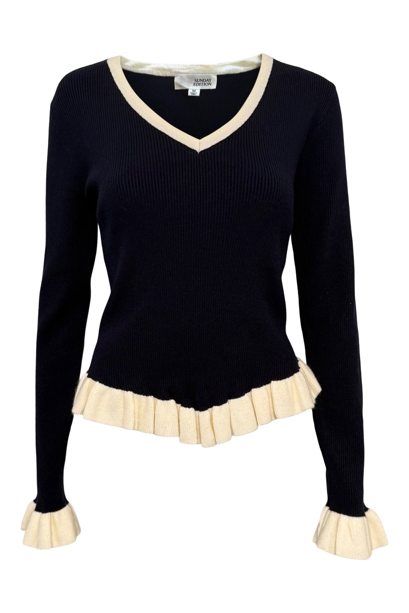 V - NECK LONG SLEEVE NAVY AND WHITE RIBBED TOP - Clove & Ivy