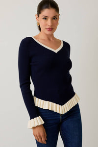 V - NECK LONG SLEEVE NAVY AND WHITE RIBBED TOP - Clove & Ivy