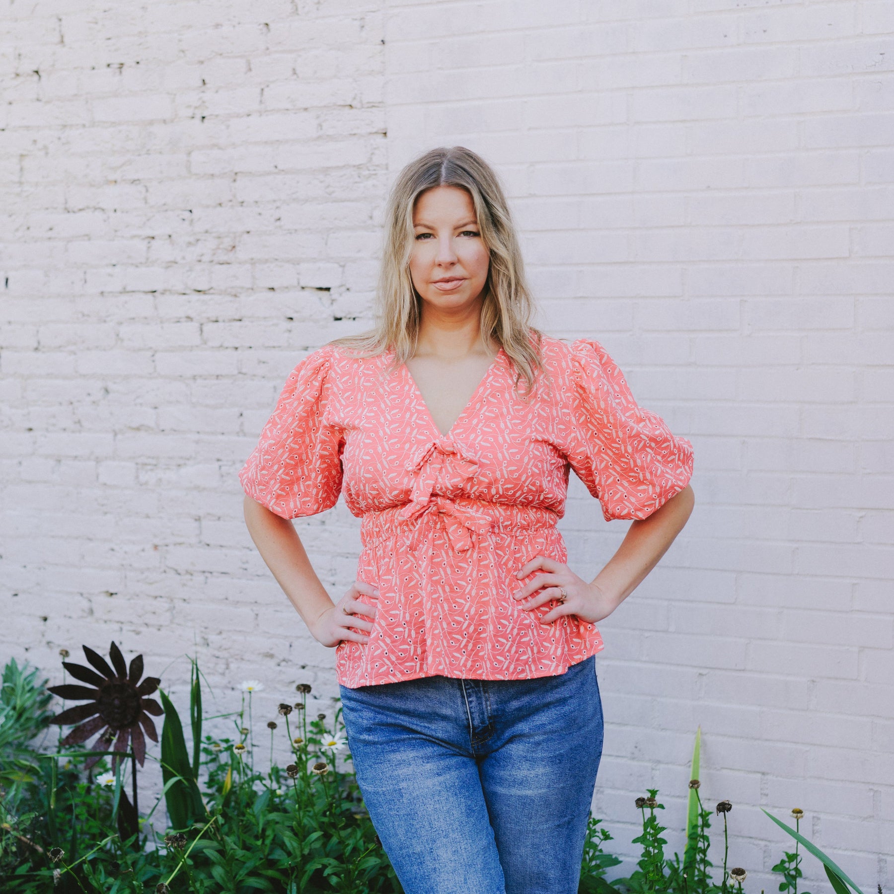 Coral Embroidery Peplum Top