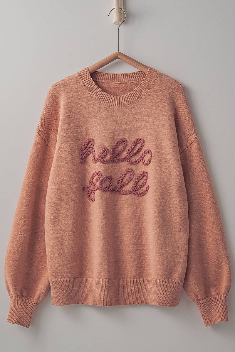 Cozy Embroidered Hello Fall Knit Crewneck Sweater - Clove & Ivy