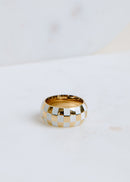 statement gold checkerboard ring with glossy enamel finish