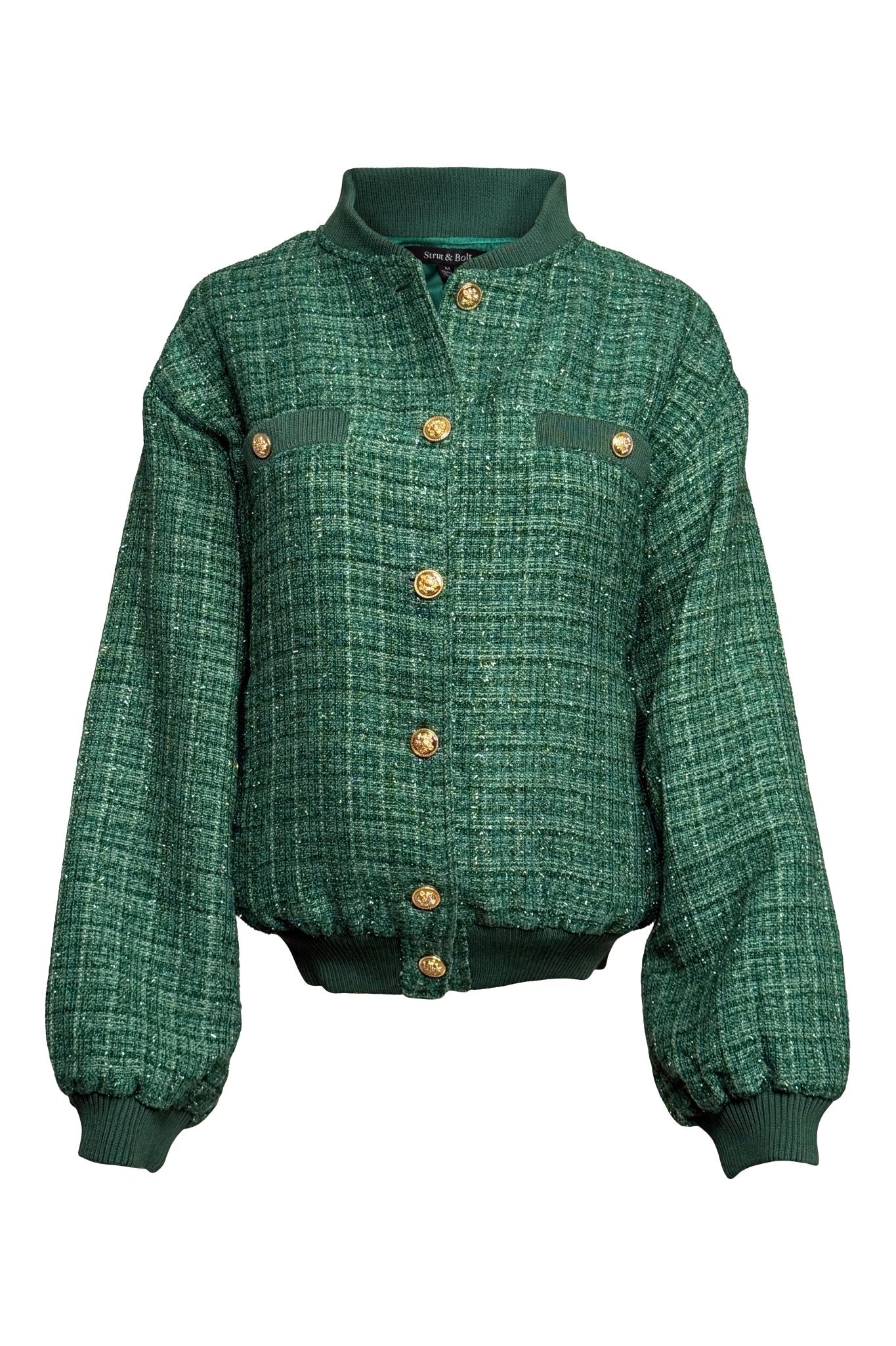 Metallic Green Tweed Bomber Jacket - Clove & Ivy