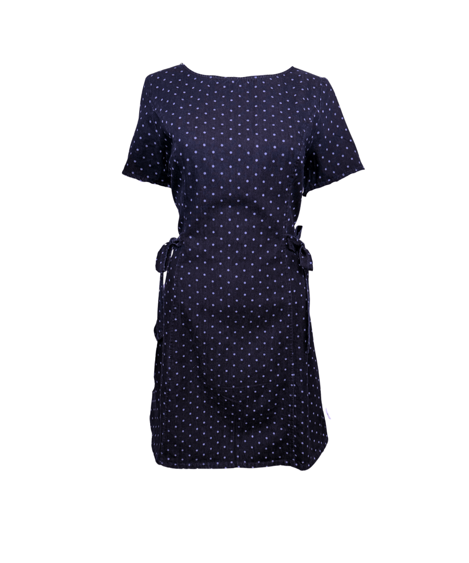 DENIM POLKA DOT SHORT SLEEVE SIDE TIES MINI DRESS