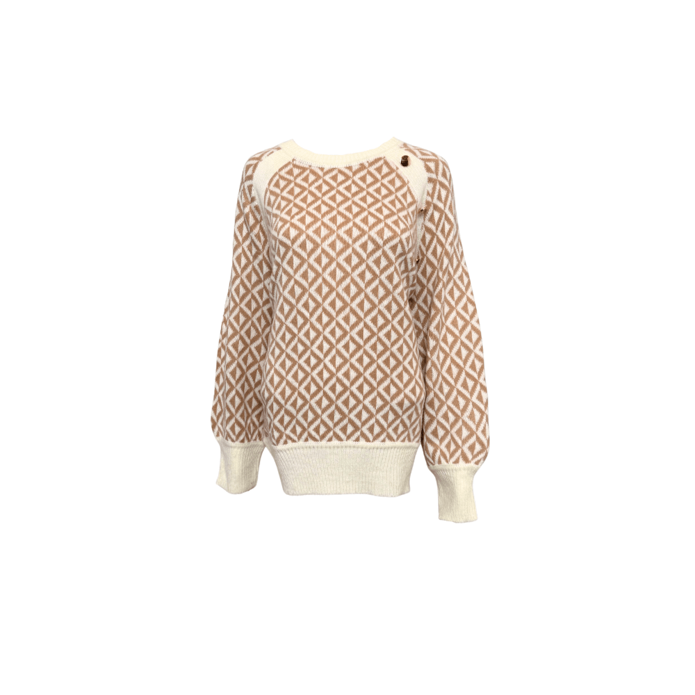 Crew Neck Geo Patterned Knitted Sweater - Taupe & Black - Clove & Ivy