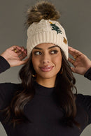 BEIGE KNIT POM HAT WITH EMBROIDERED TREE - Clove & Ivy
