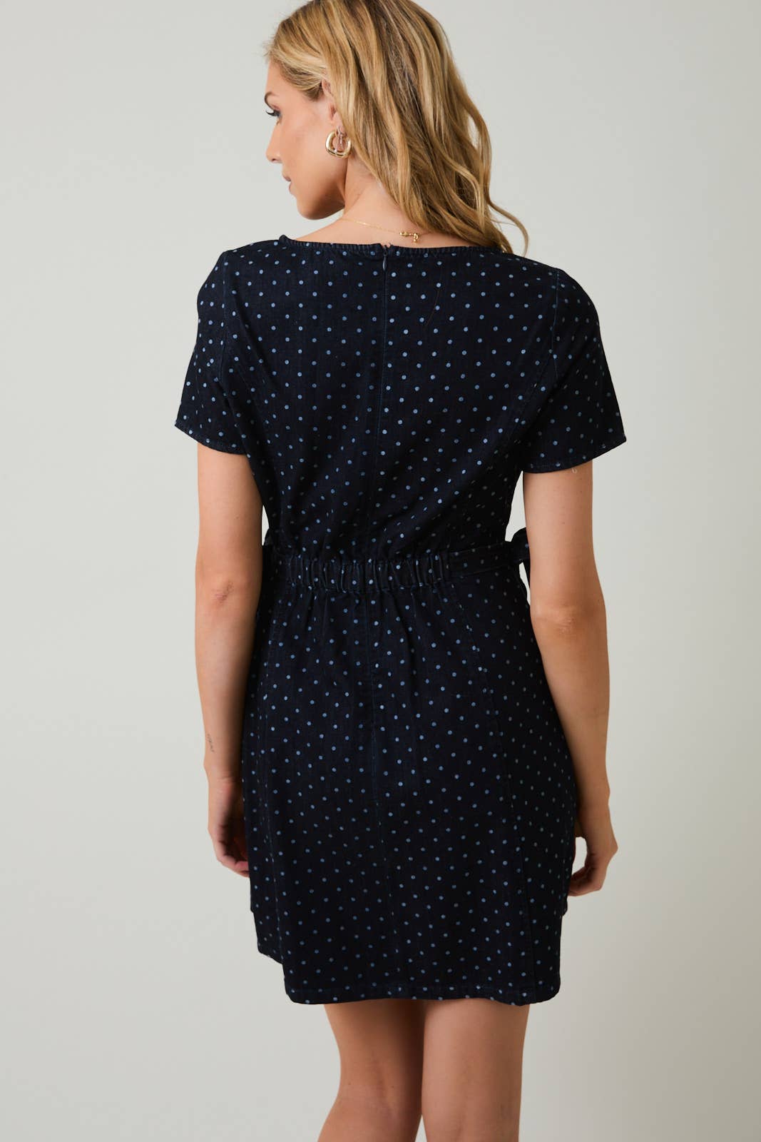 DENIM POLKA DOT SHORT SLEEVE SIDE TIES MINI DRESS - Clove & Ivy
