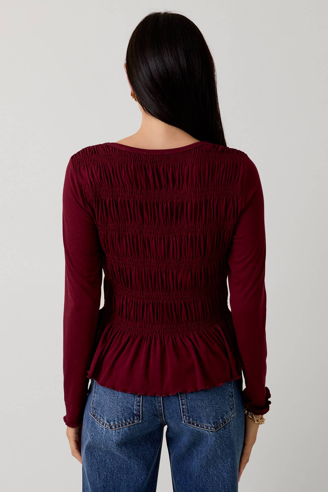 BURGANDY ROUND NECK LONG SLEEVE SMOCKED TOP - Clove & Ivy