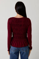 BURGANDY ROUND NECK LONG SLEEVE SMOCKED TOP - Clove & Ivy