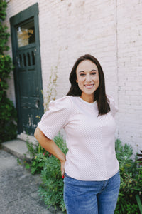 Mauve and White Herringbone Puff Sleeve Top - Clove & Ivy