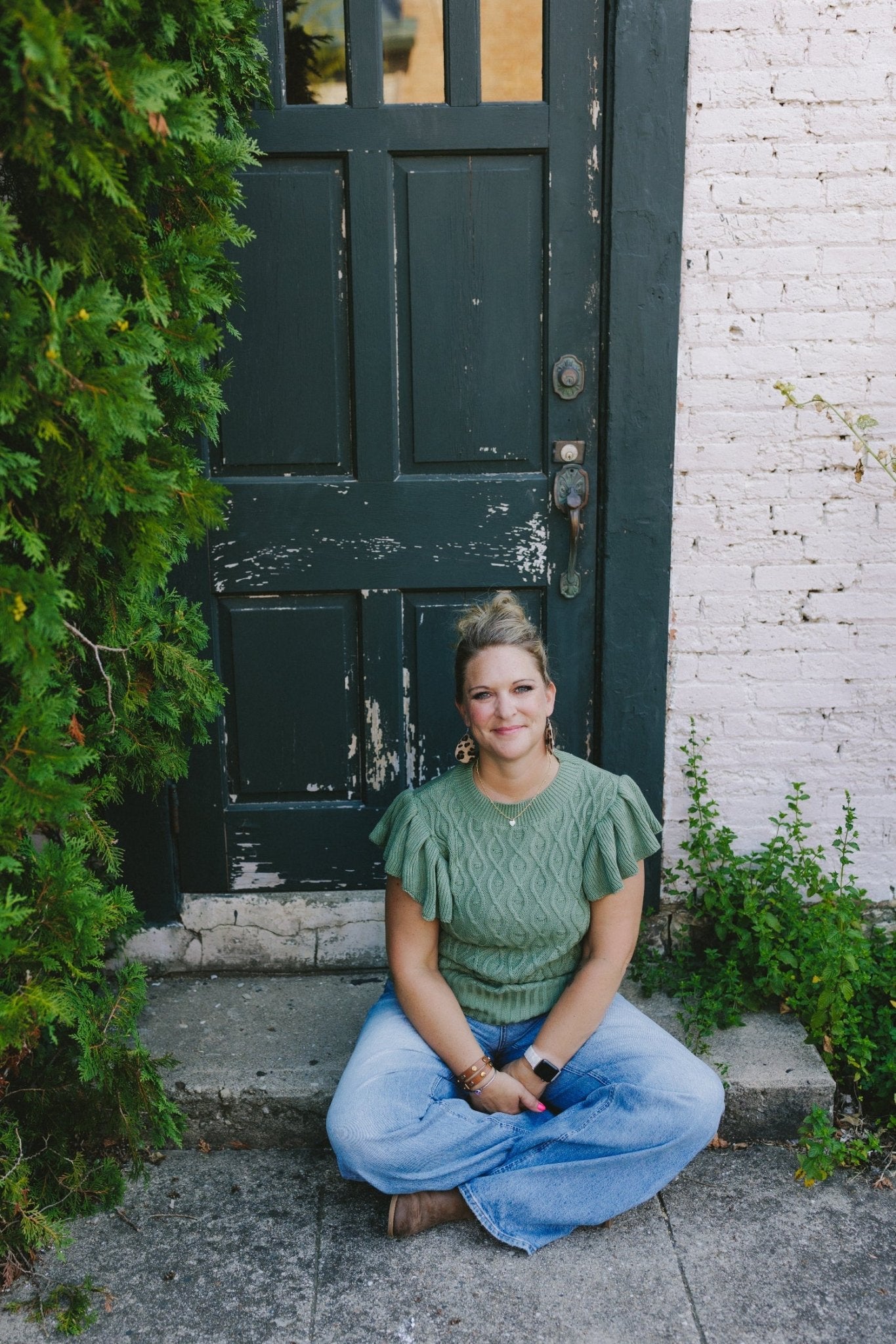 Sage Cable Knit Short Flutter Sleeve Sweater