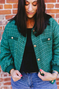 Metallic Green Tweed Bomber Jacket - Clove & Ivy