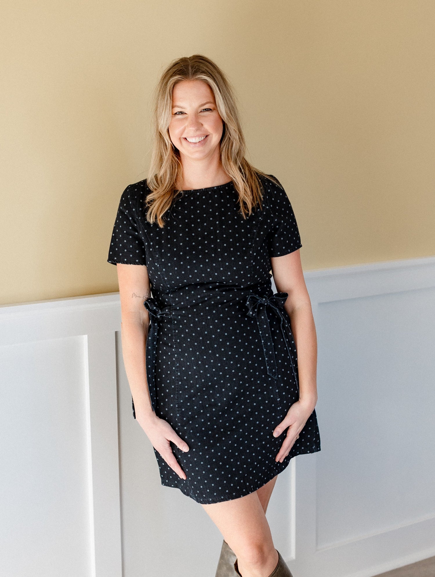 DENIM POLKA DOT SHORT SLEEVE SIDE TIES MINI DRESS