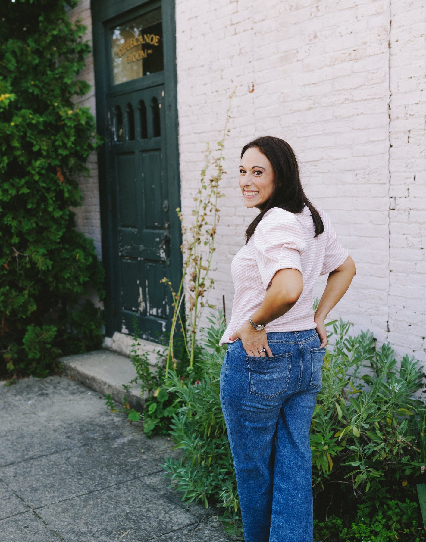 Mauve and White Herringbone Puff Sleeve Top - Clove & Ivy