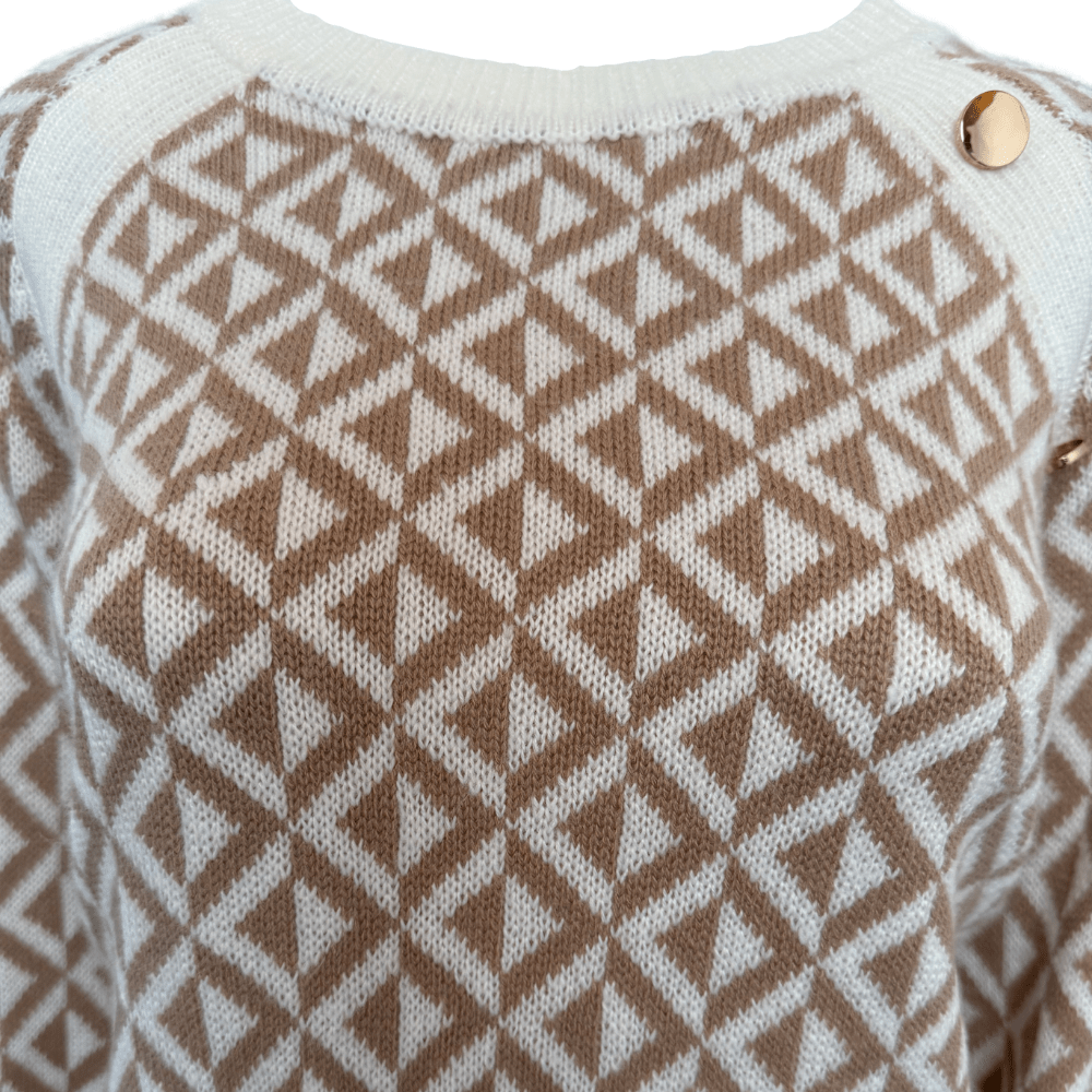 Crew Neck Geo Patterned Knitted Sweater - Taupe & Black - Clove & Ivy